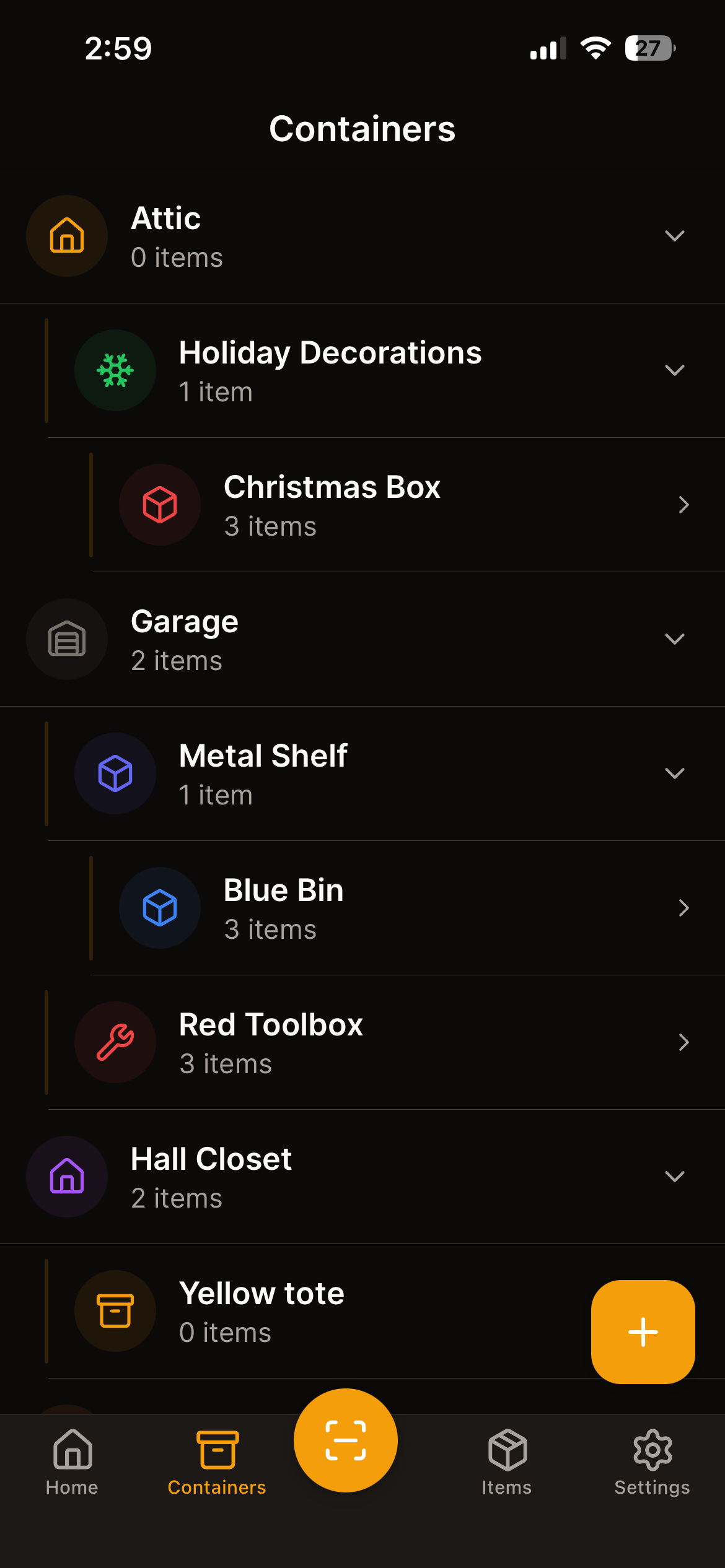 Container tree view with nested containers