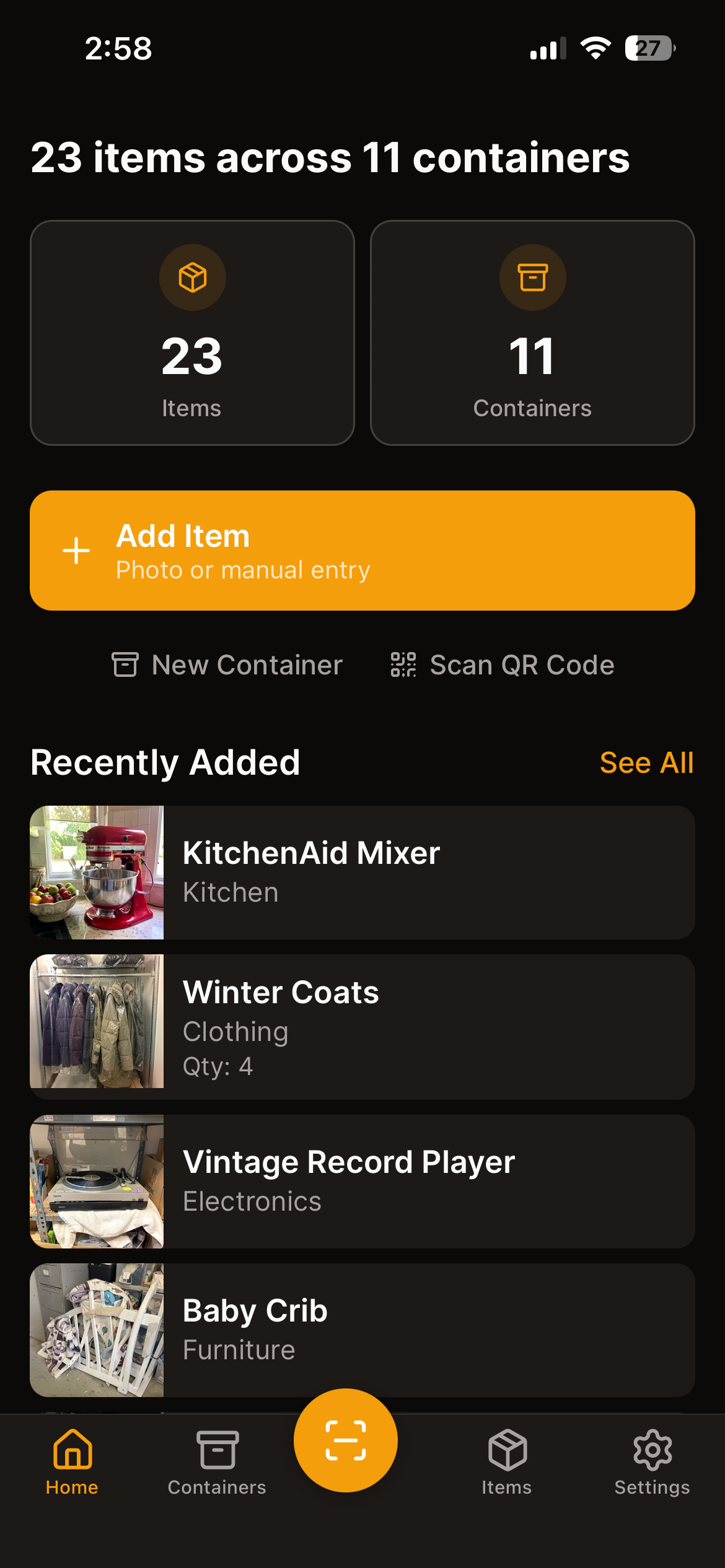 Paqd dashboard showing items and containers